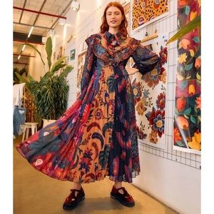 Farm Rio Dress Pleated Midi Long Sleeve Mixed Print Collar Art To Wear Size M